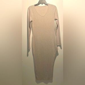 SHEIN- Maternity Cream V-Neck Ribbed Knit Split Thigh Long Sleeve Dress- Size L